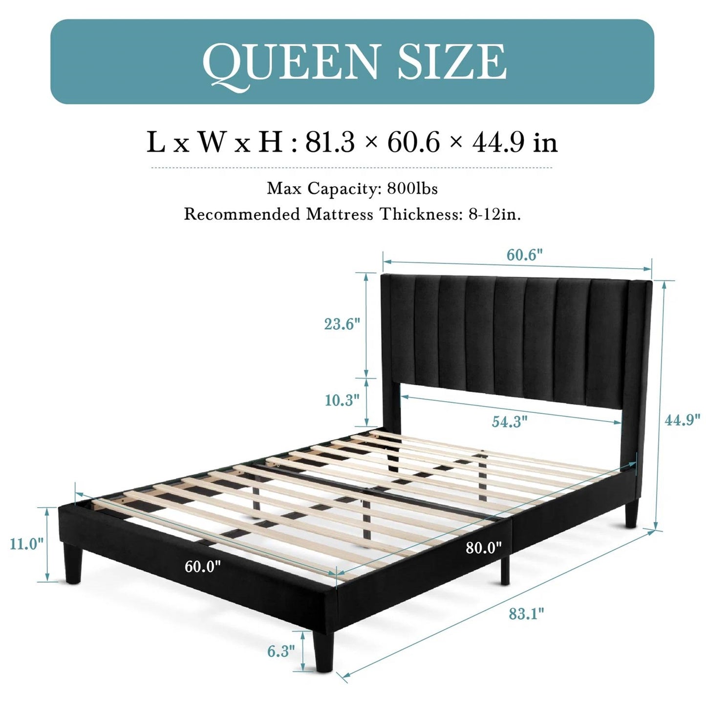 Green/Black Upholstered Platform Bed Frame with Headboard| King or Queen Size - Harmonie Workshop