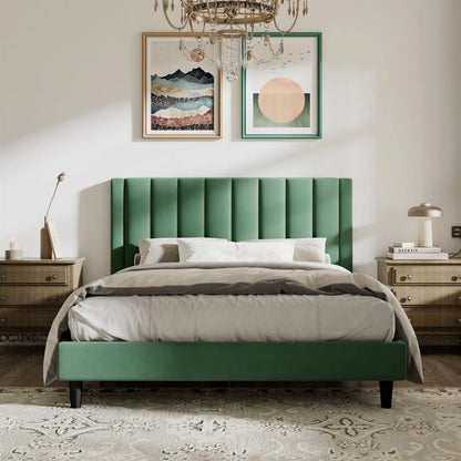 Green/Black Upholstered Platform Bed Frame with Headboard| King or Queen Size - Harmonie Workshop