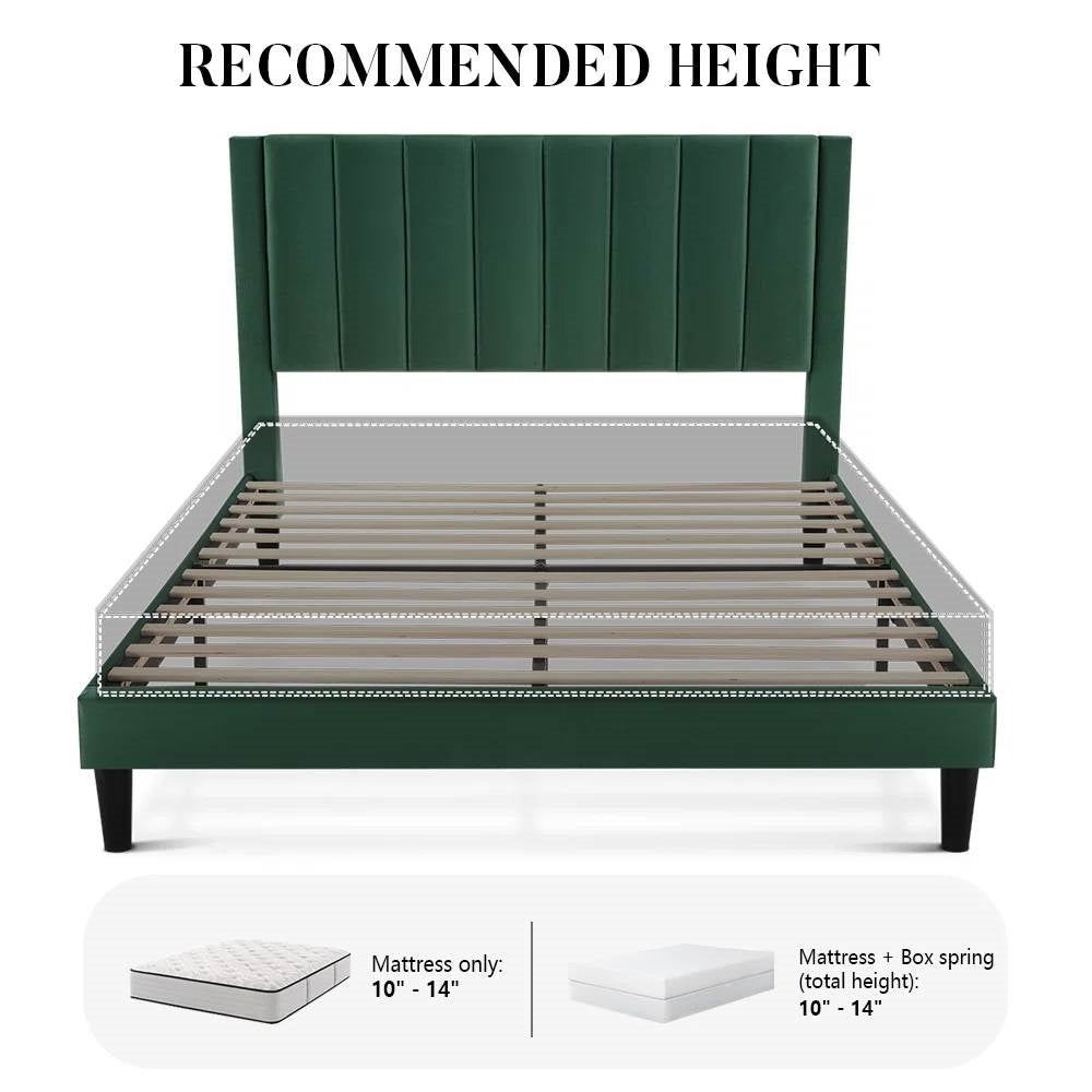 Green/Black Upholstered Platform Bed Frame with Headboard| King or Queen Size - Harmonie Workshop