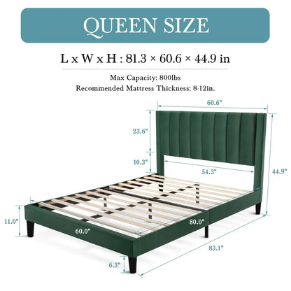 Green/Black Upholstered Platform Bed Frame with Headboard| King or Queen Size - Harmonie Workshop