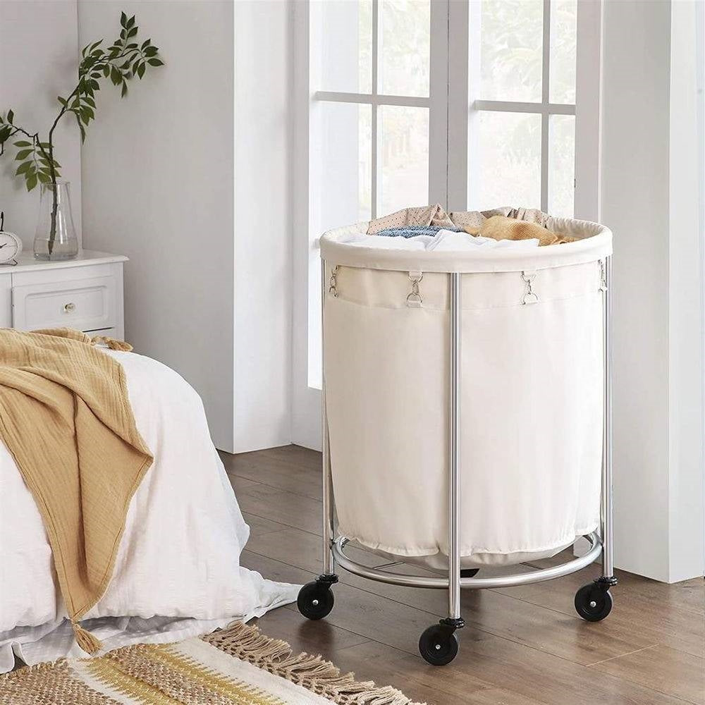 Round 45-Gallon Laundry Basket Hamper w/ Cream Fabric Bag Steel Frame on Wheels - Harmonie Workshop