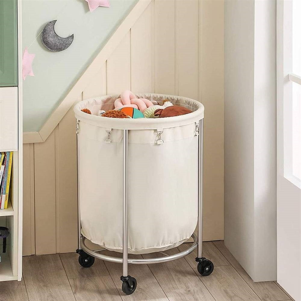 Round 45-Gallon Laundry Basket Hamper w/ Cream Fabric Bag Steel Frame on Wheels - Harmonie Workshop