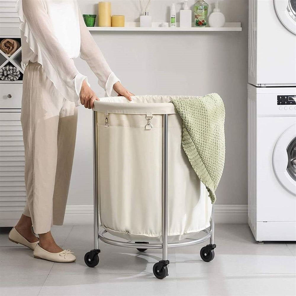 Round 45-Gallon Laundry Basket Hamper w/ Cream Fabric Bag Steel Frame on Wheels - Harmonie Workshop