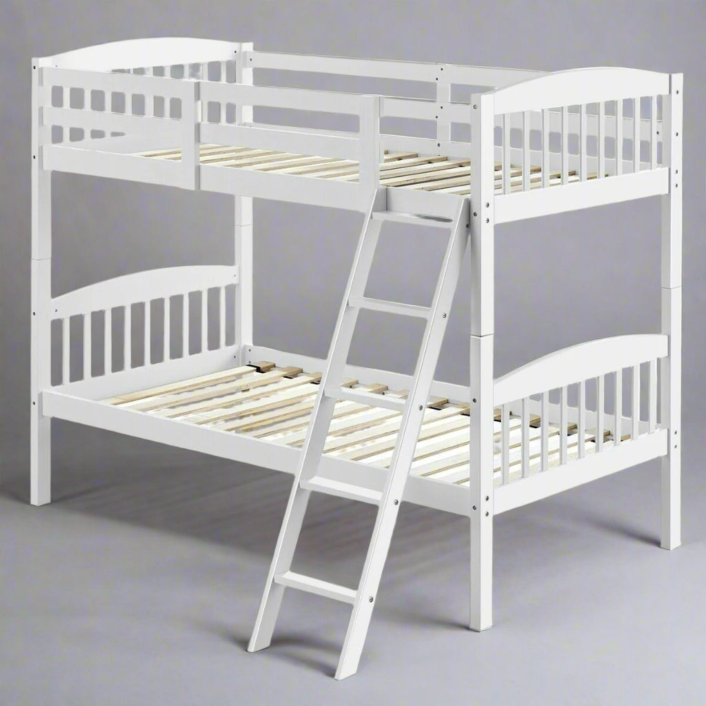 Twin over Twin Wooden Bunk Bed with Ladder in White Wood Finish