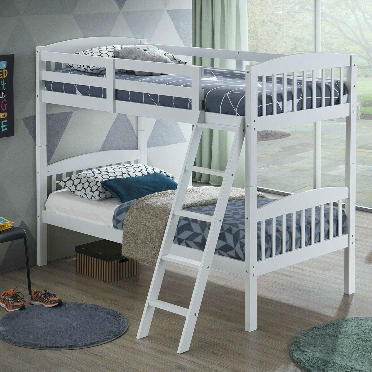 Twin over Twin Wooden Bunk Bed with Ladder in White Wood Finish - Harmonie Workshop