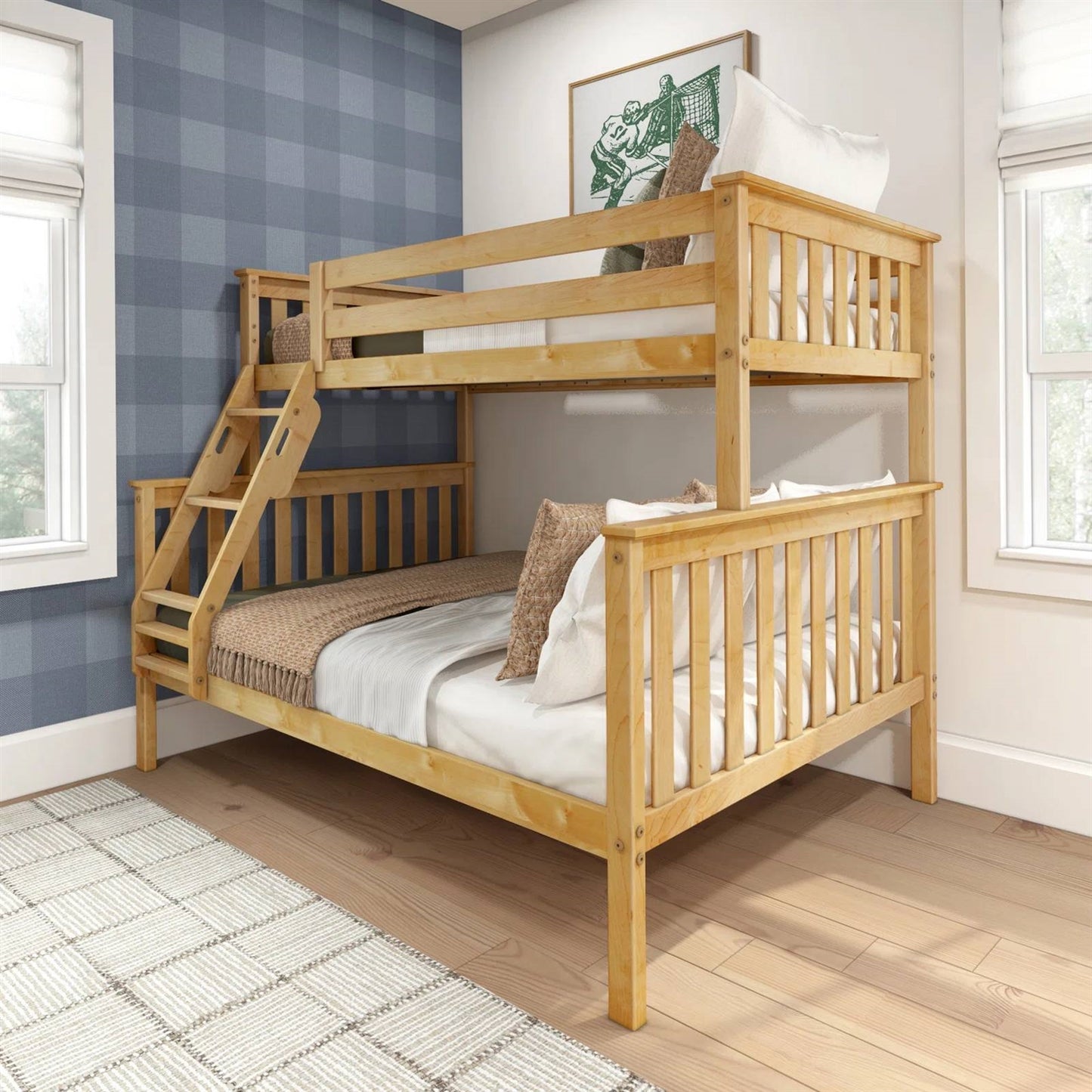 natural pine wood bunk bed, twin over full size wood bed