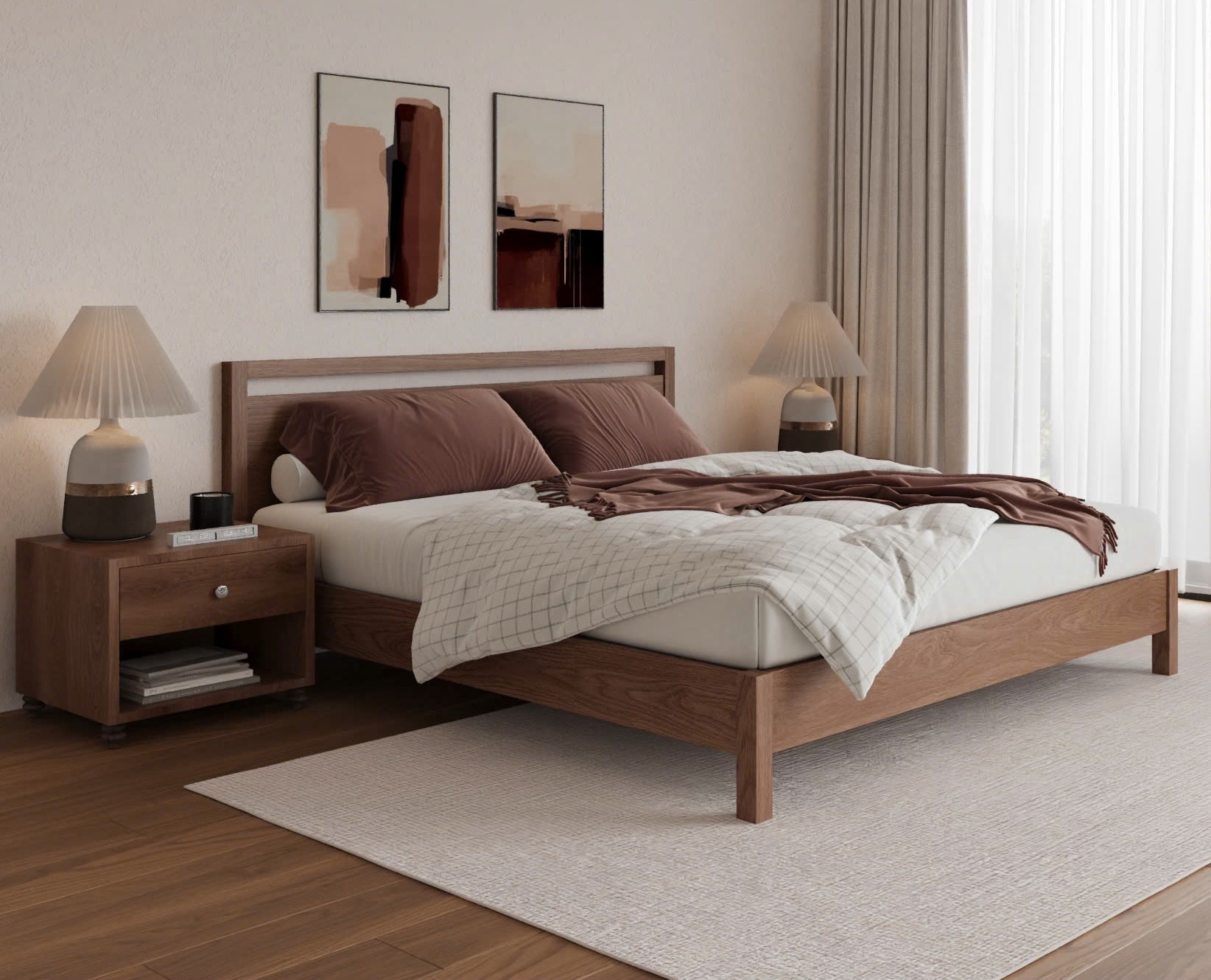 queen wooden bed frame with headboard, modern and timeless design bed platform in cozy bedroom