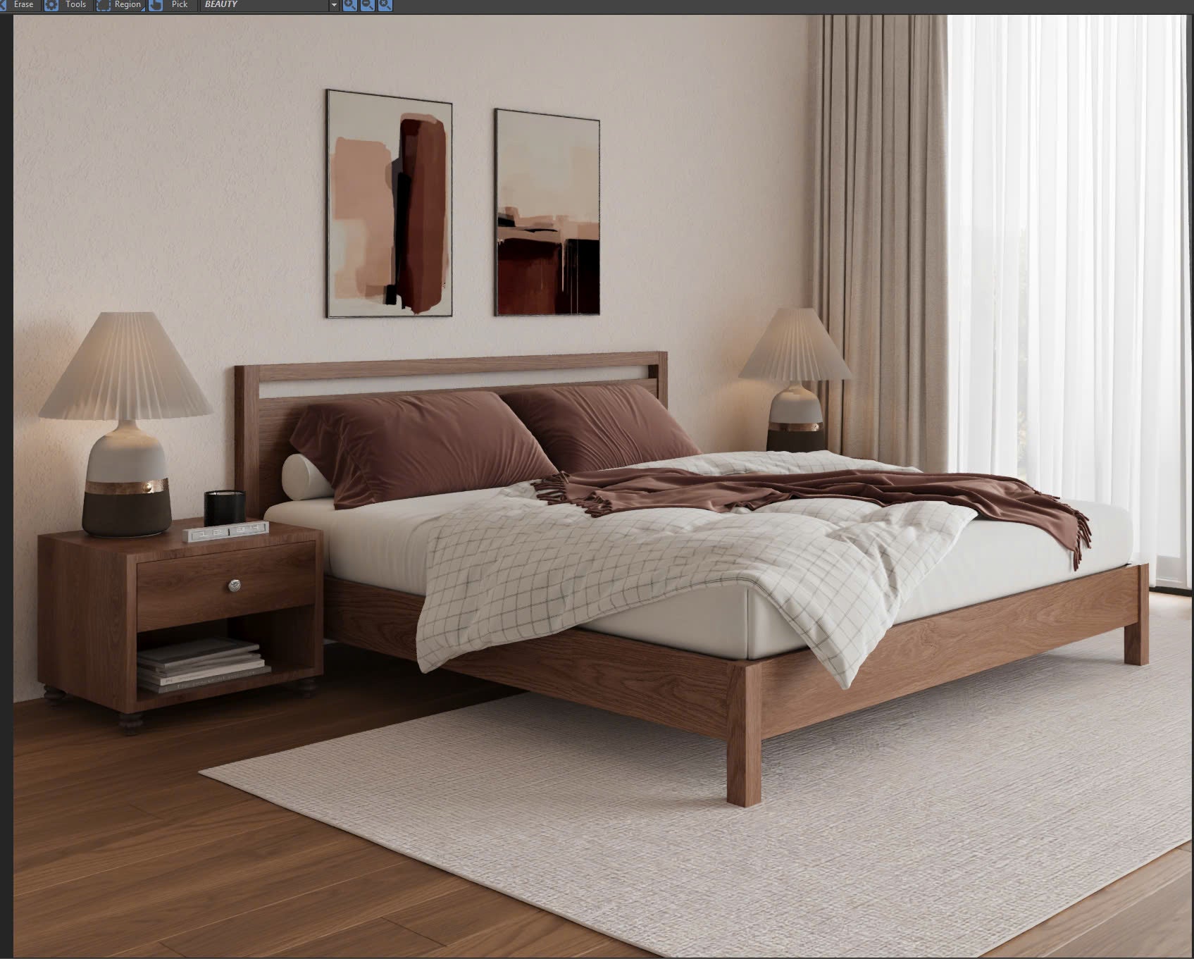 modern wood bed frame, wooden nightstands and neutral rugs aesthetically put in a Scandinavian inspired bedroom