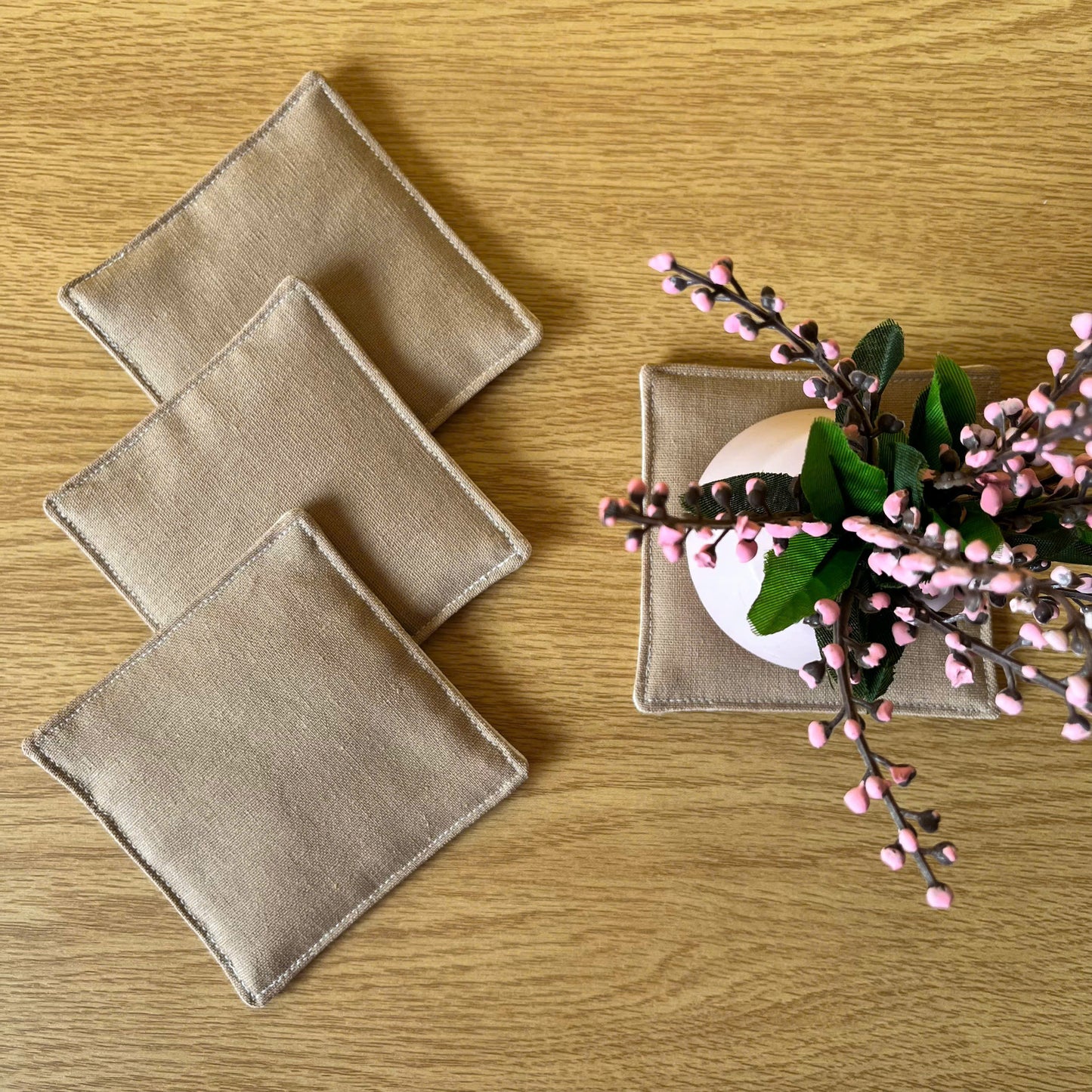 Set of 4 Natural Linen Coasters | Japandi Style | Minimalist Decor