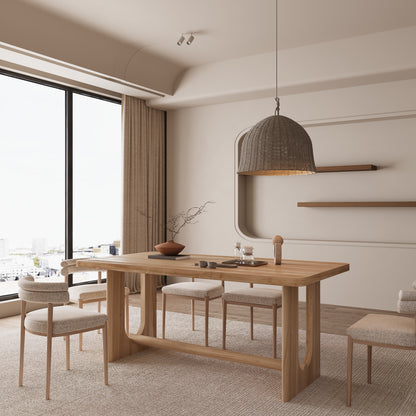 modern solid wood dining table in rectangle shape sits in modern dining area with six dining chairs.