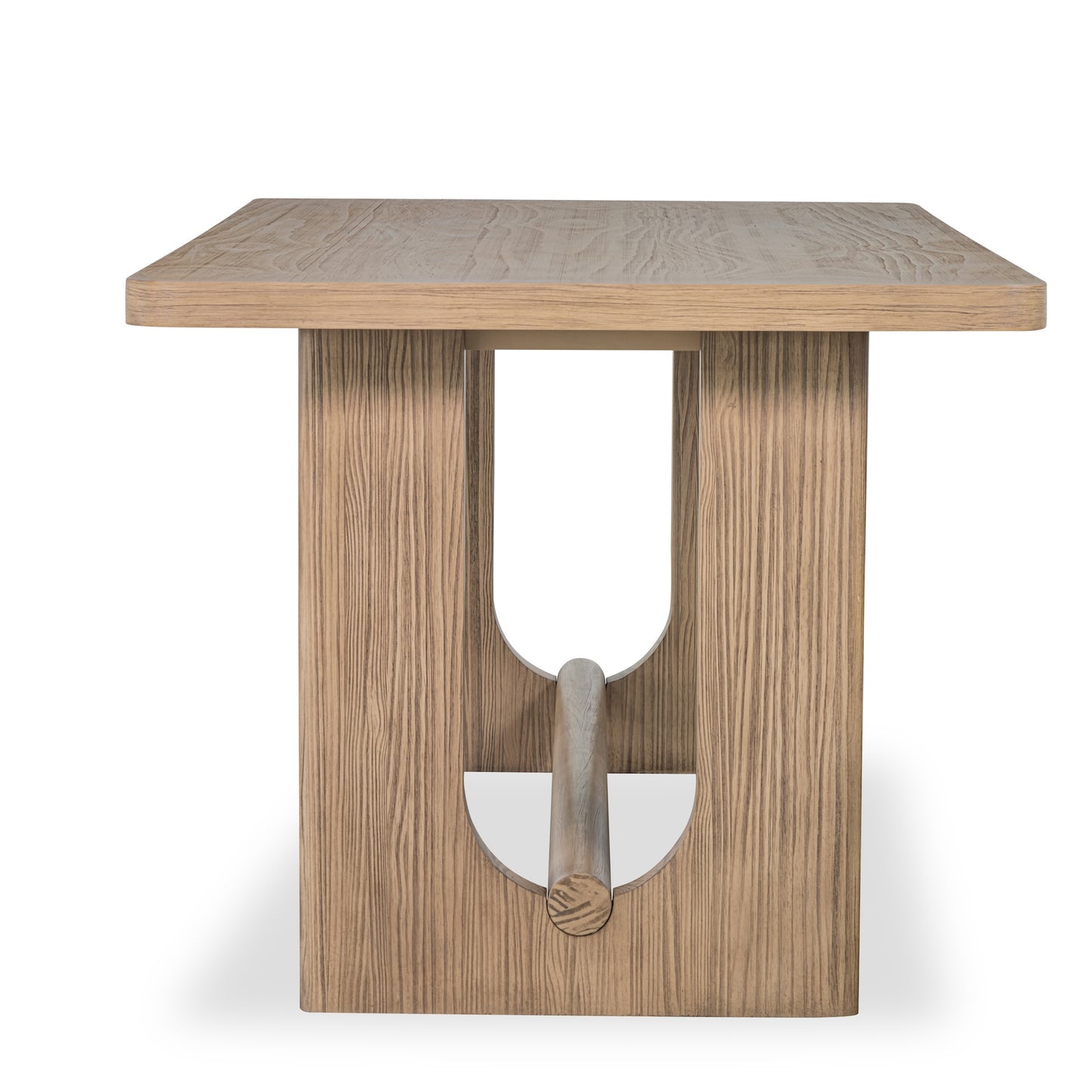 Wooden table with a rectangular top and unique U-shaped legs connected by a horizontal support beam.