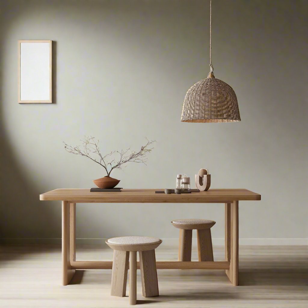 Minimalist dining room with wooden dining table, two stools, and a wicker pendant light. The table has a potted plant, decorative items, and a tray.