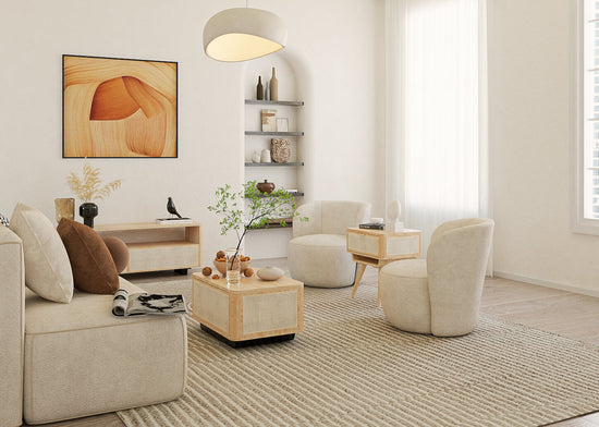 organic modern living room, living room decor, wood coffee table, floating shelves