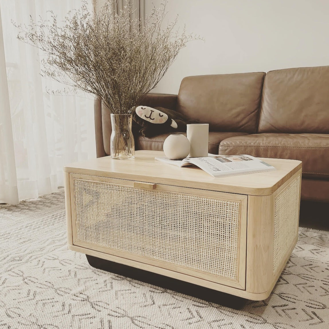 wood and cane coffee table with storage in scandinavian  living room