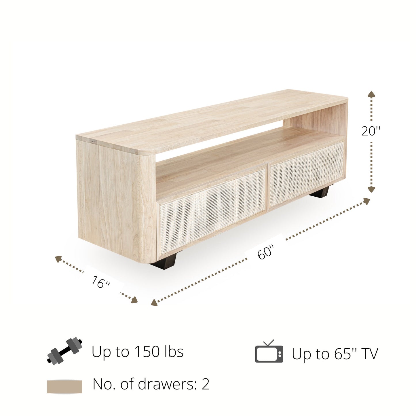 modern boho solid wood tv stand 60'' with cane door 