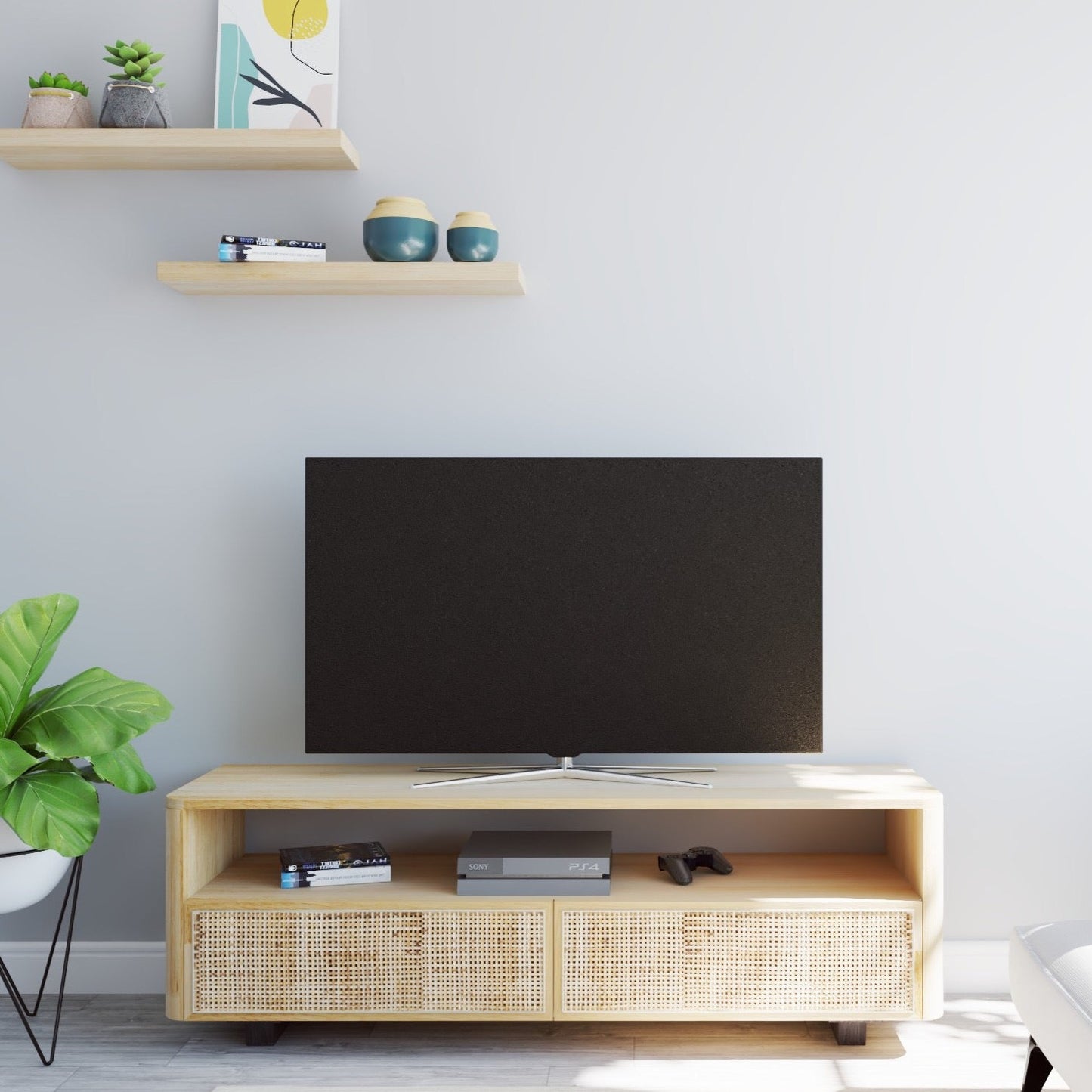 rattan cane door tv media stand with drawers